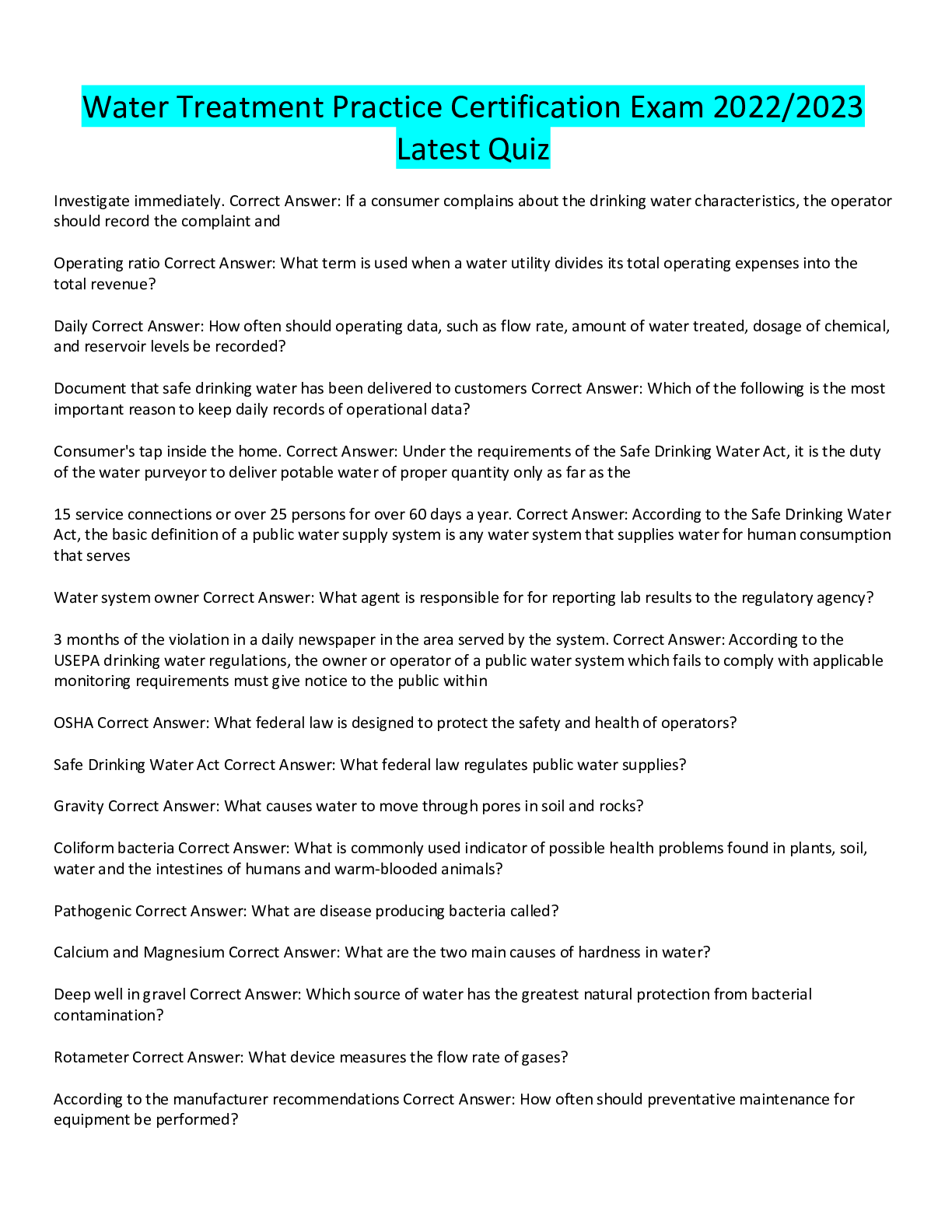 Preview image for Water Treatment Practice Certification Exam 2022/2023 Latest Quiz